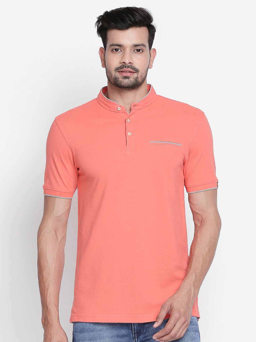 

BYFORD by Pantaloons Mandarin Collar Cotton Slim Fit T-shirt, Coral