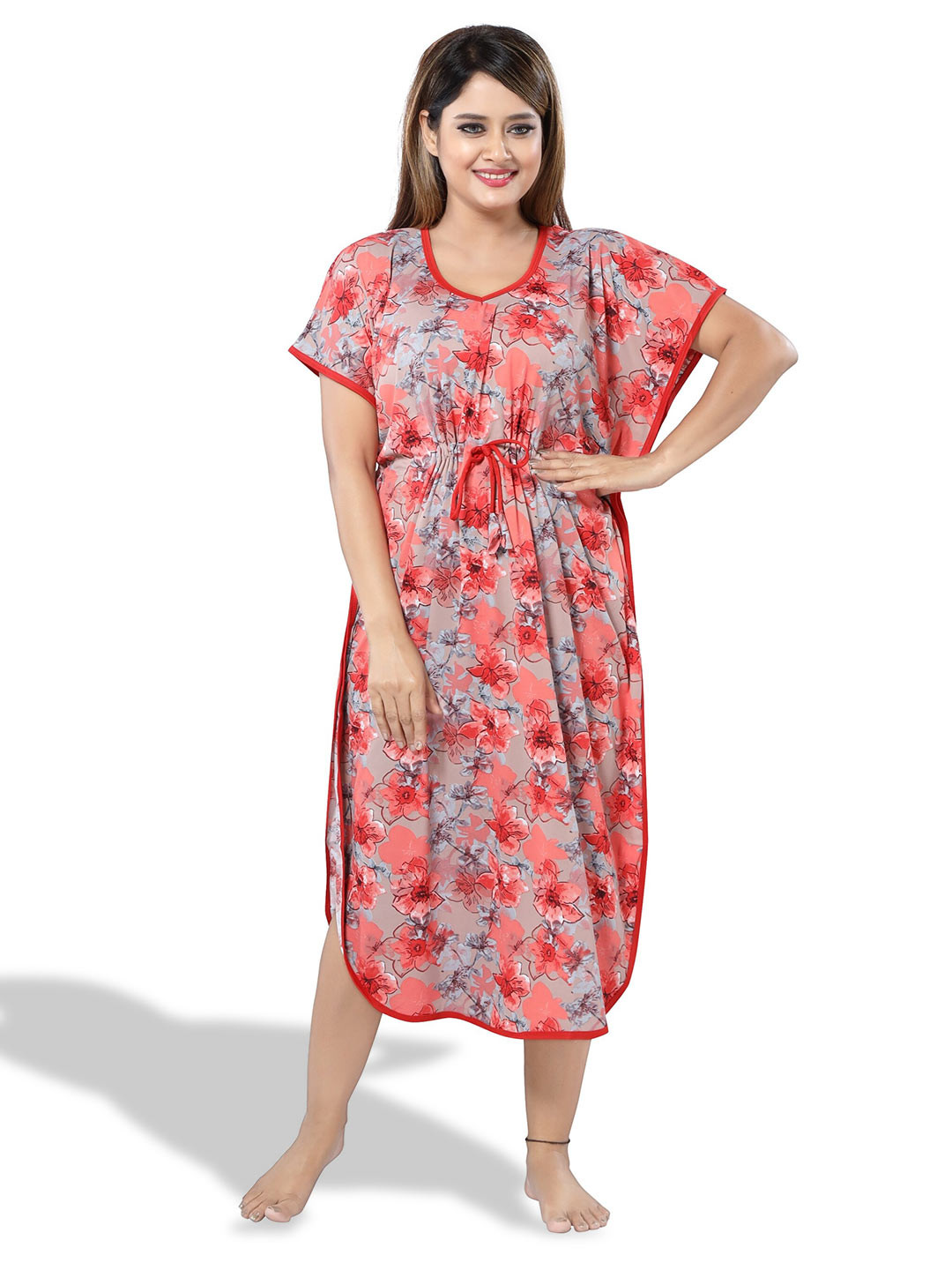 

SHOPPING STATION Floral Printed Satin Kaftan Nightdress, Red