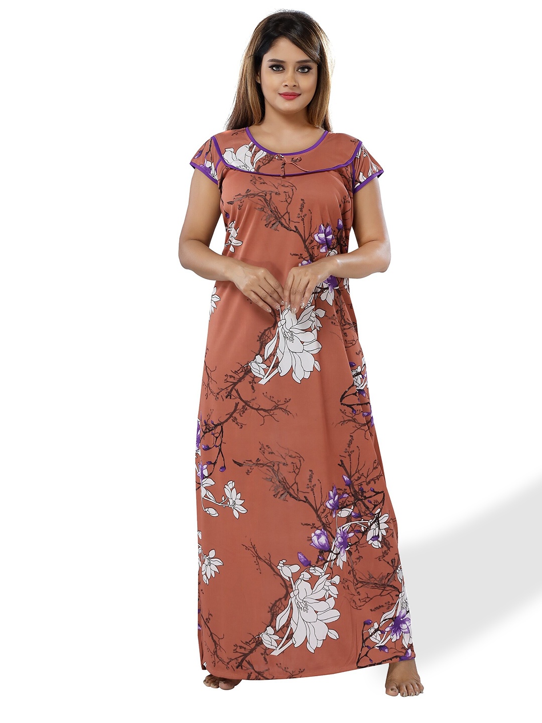 

SHOPPING STATION Floral Printed Satin Maxi Nightdress, Brown