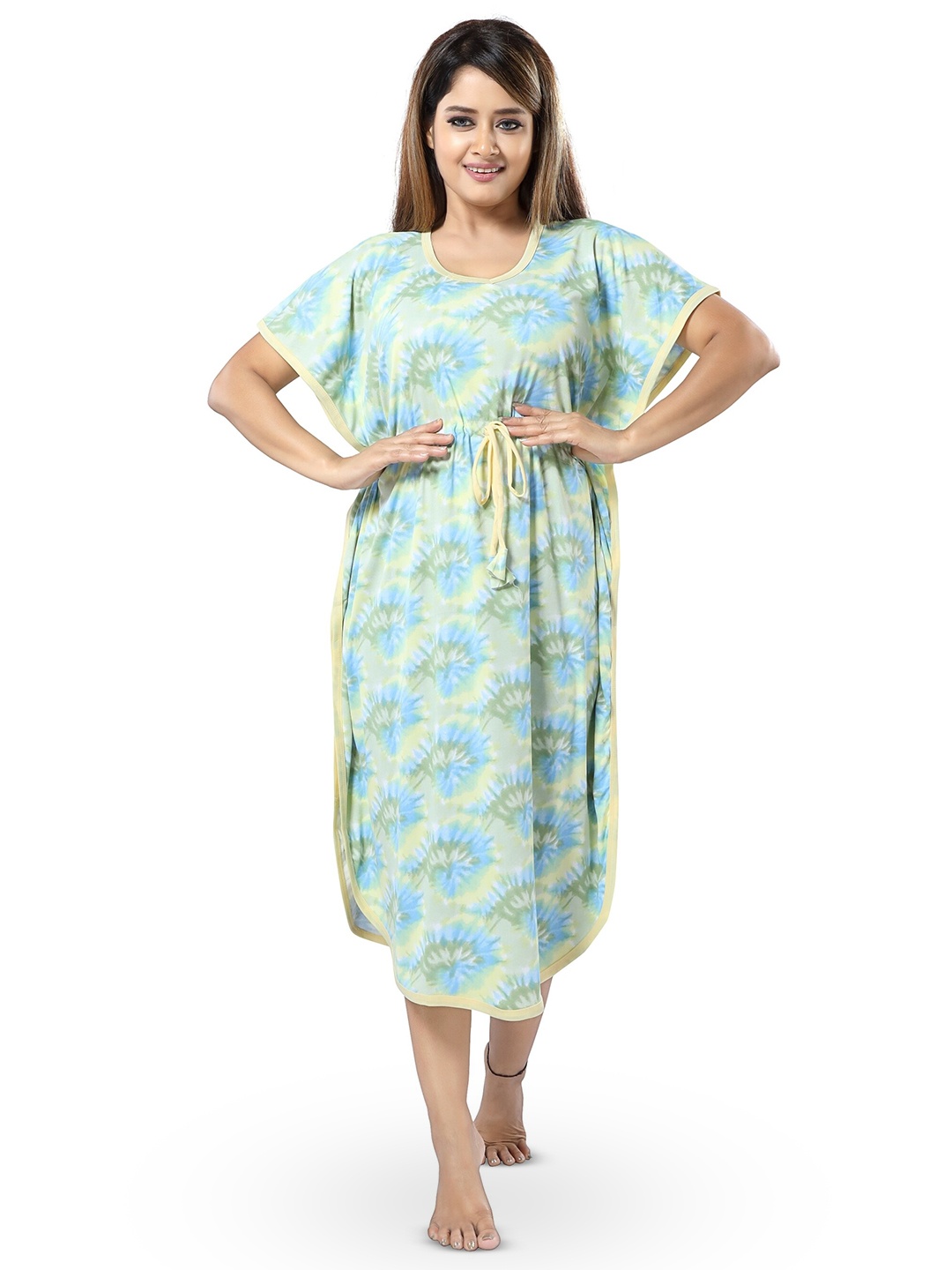 

SHOPPING STATION Tie And Dye Printed Satin Kaftan Midi Nightdress, Blue