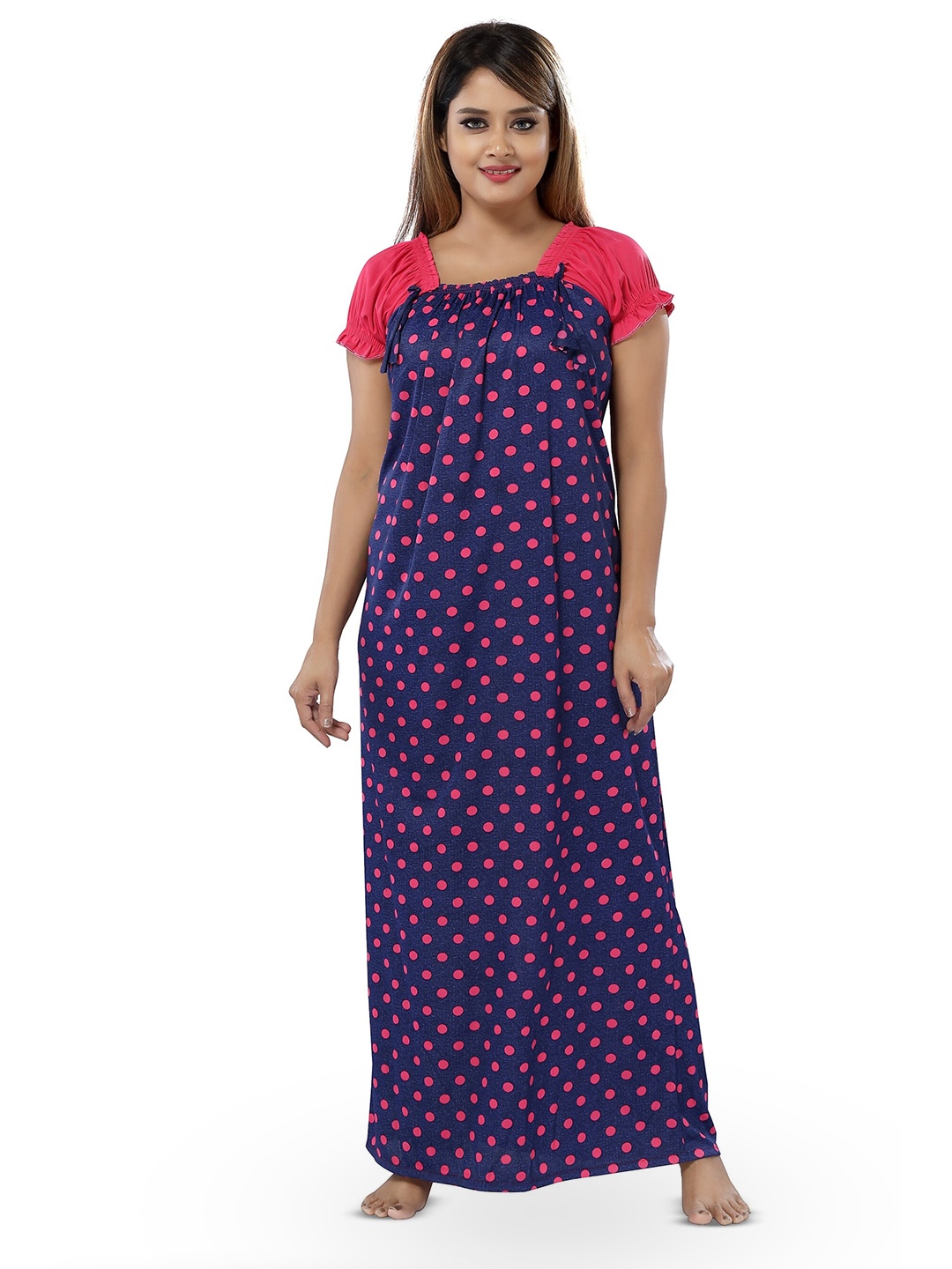 

SHOPPING STATION Polka Dots Printed Satin Maxi Nightdress, Navy blue