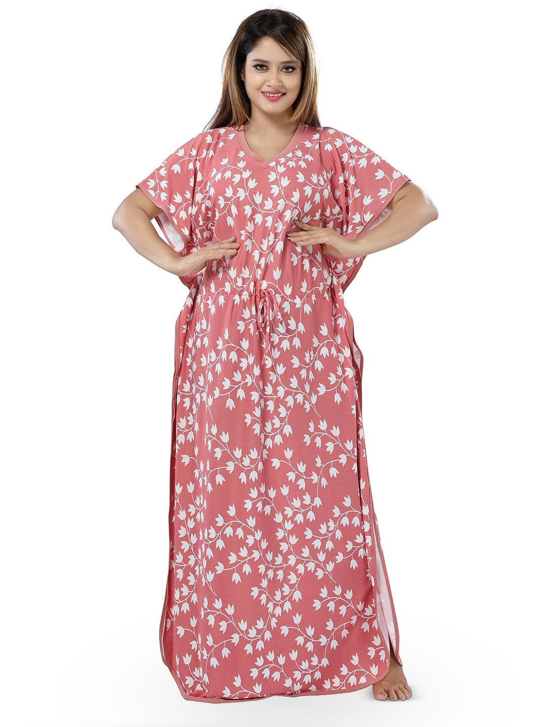 

SHOPPING STATION Floral Printed V-Neck Satin Kaftan Style Nightdress, Pink