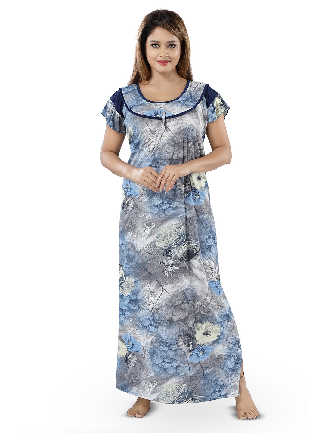 

SHOPPING STATION Floral Printed Satin Maxi Kaftan Nightdress, Blue