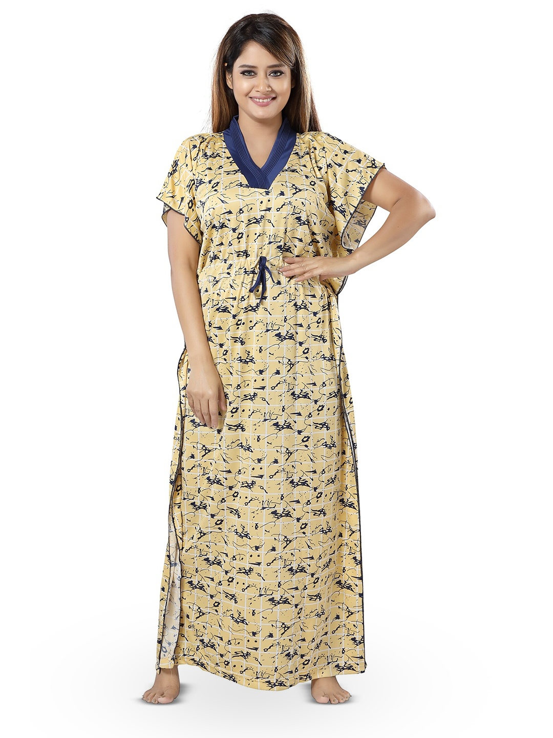

SHOPPING STATION Abstract Printed Satin Maxi Kaftan Nightdress, Yellow