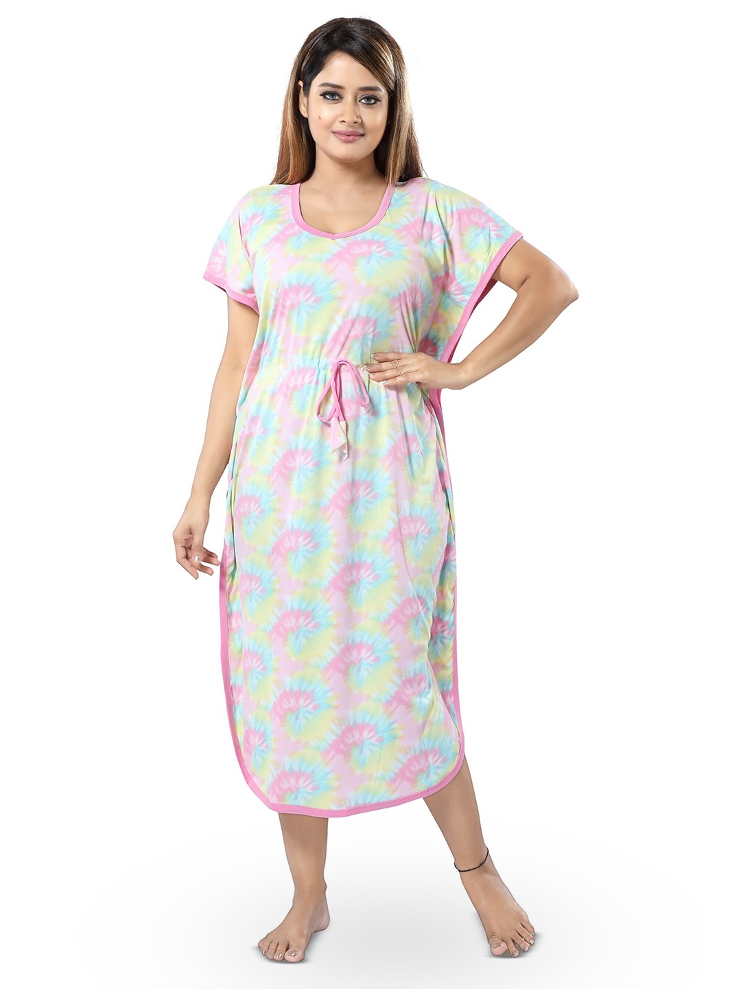 

SHOPPING STATION Tie And Dye Printed Satin Kaftan Midi Nightdress, White