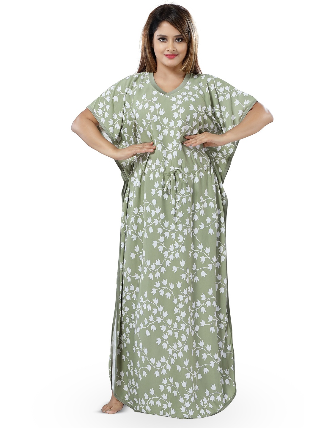 

SHOPPING STATION Floral Printed Satin Maxi Kaftan Nightdress, Green