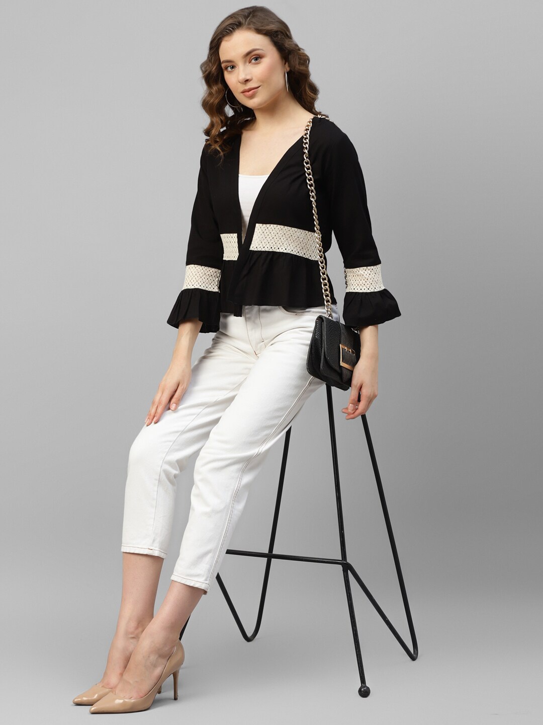 

DEEBACO Women Open Front Bell Sleeves Cotton Crop Shrug, Black