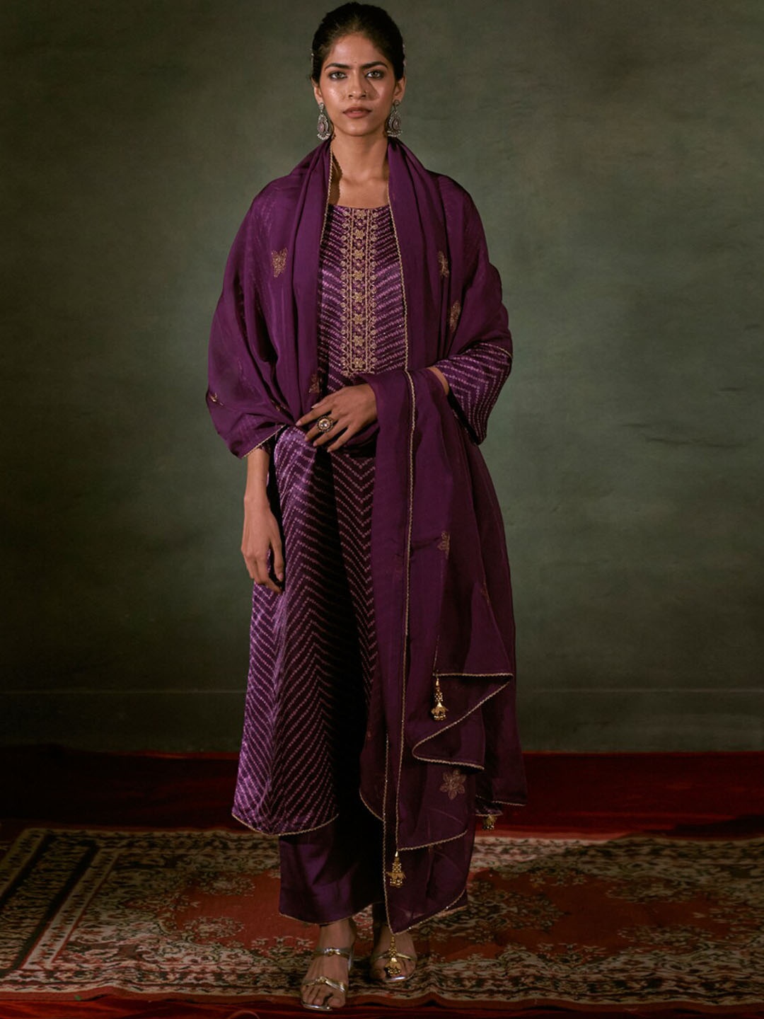 

Ganga Bandhani Printed Zari Linen Kurta with Palazzos & Dupatta, Purple