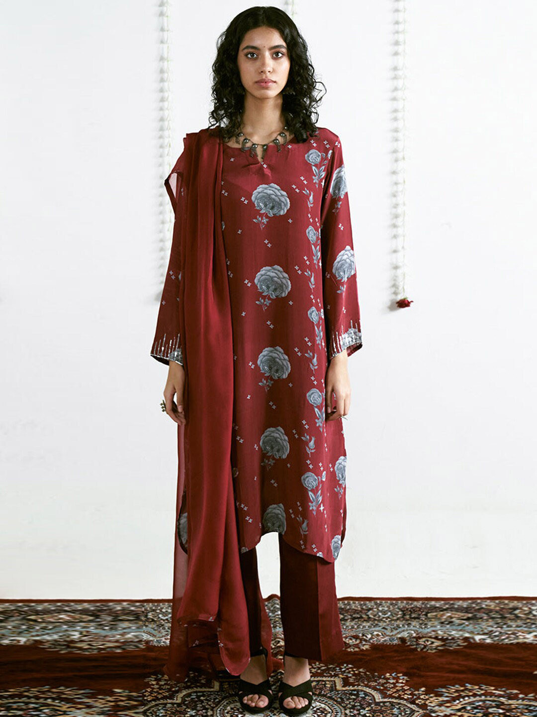 

Ganga Floral Printed Kurta with Palazzos & Dupatta, Maroon