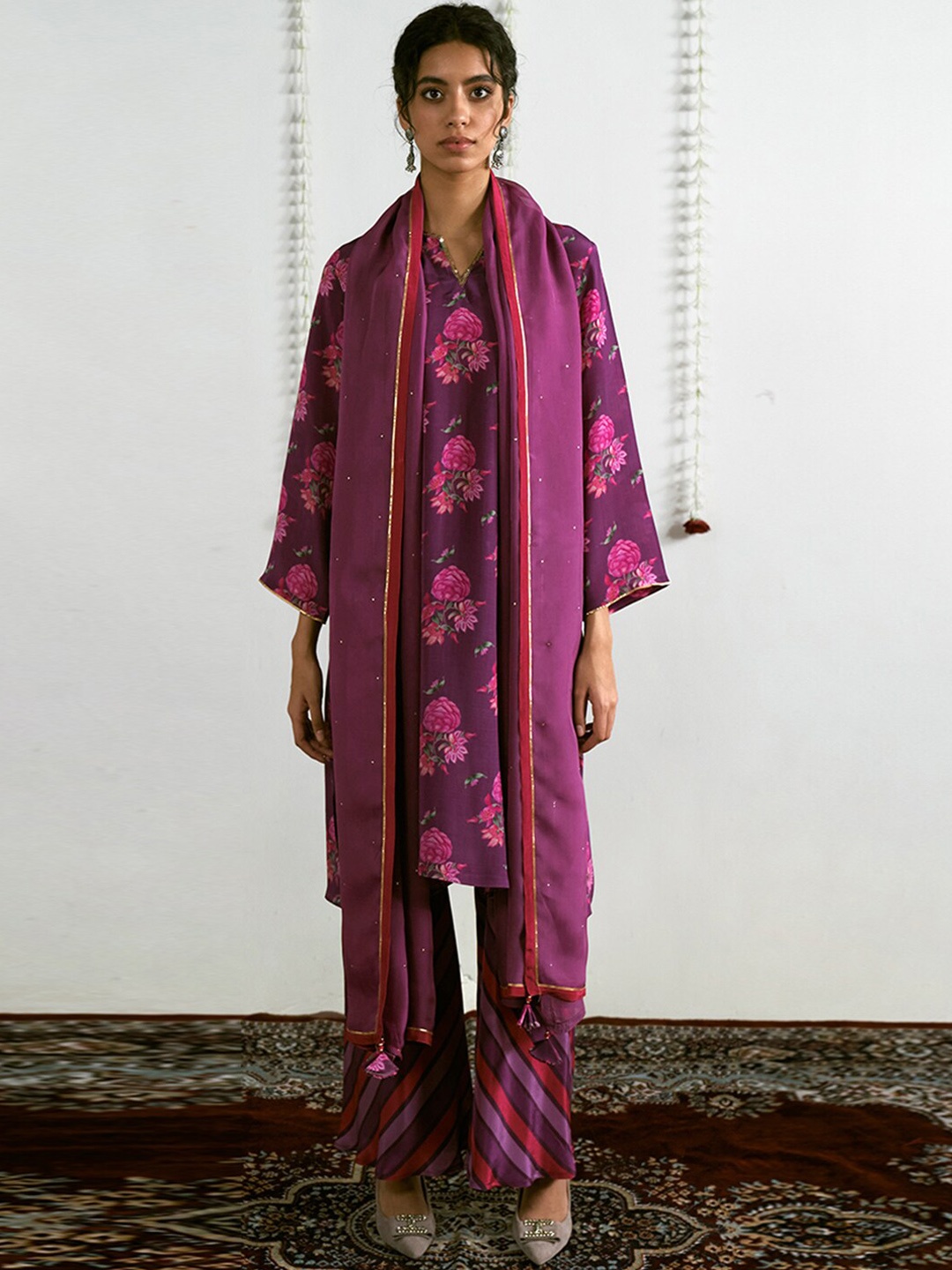

Ganga Floral Printed Sequined Kurta with Palazzos & Dupatta, Purple