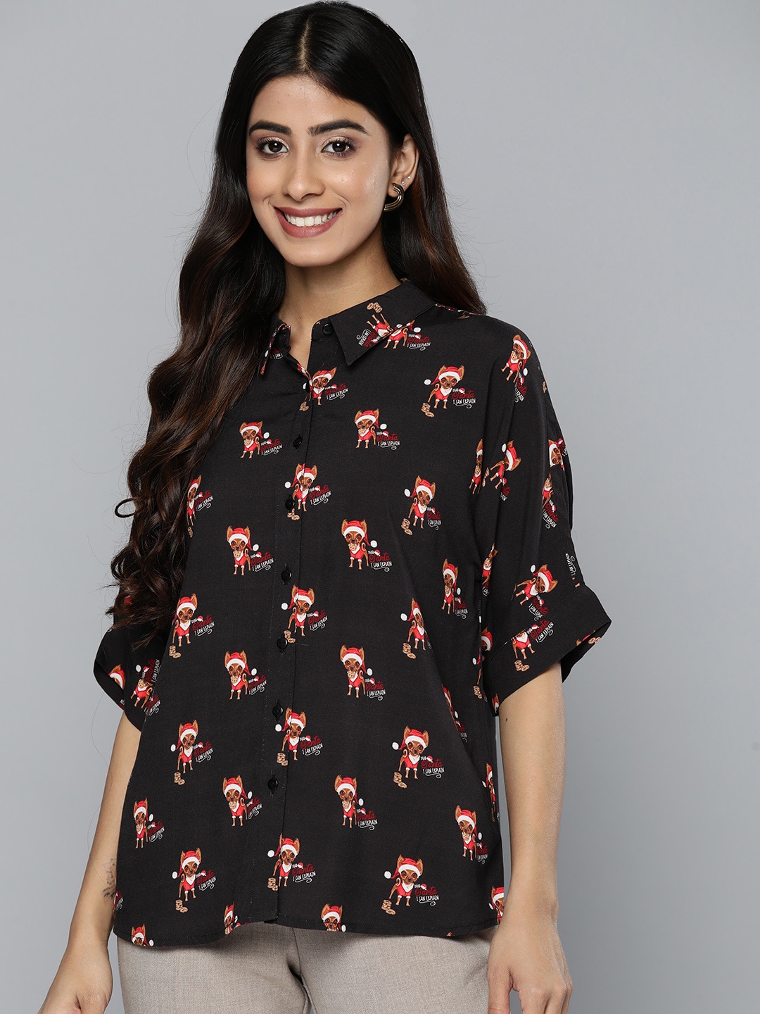 

HERE&NOW Women Printed Casual Shirt, Black