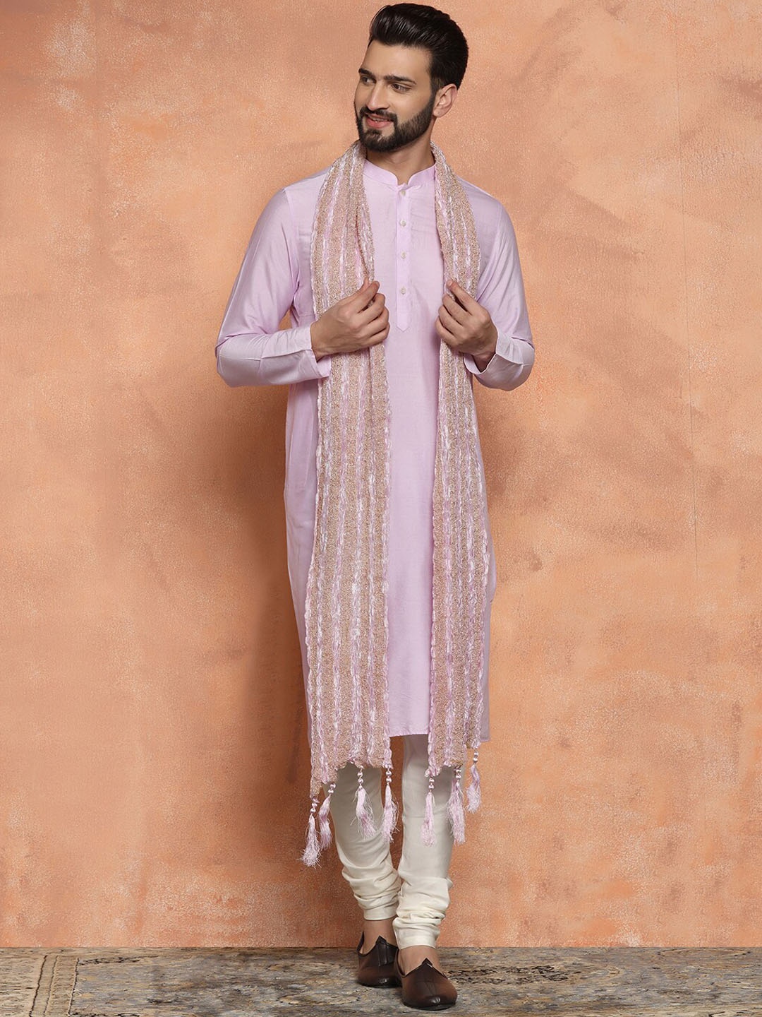 

KISAH Mandarin Collar Straight Kurta with Churidar & Dupatta, Lavender