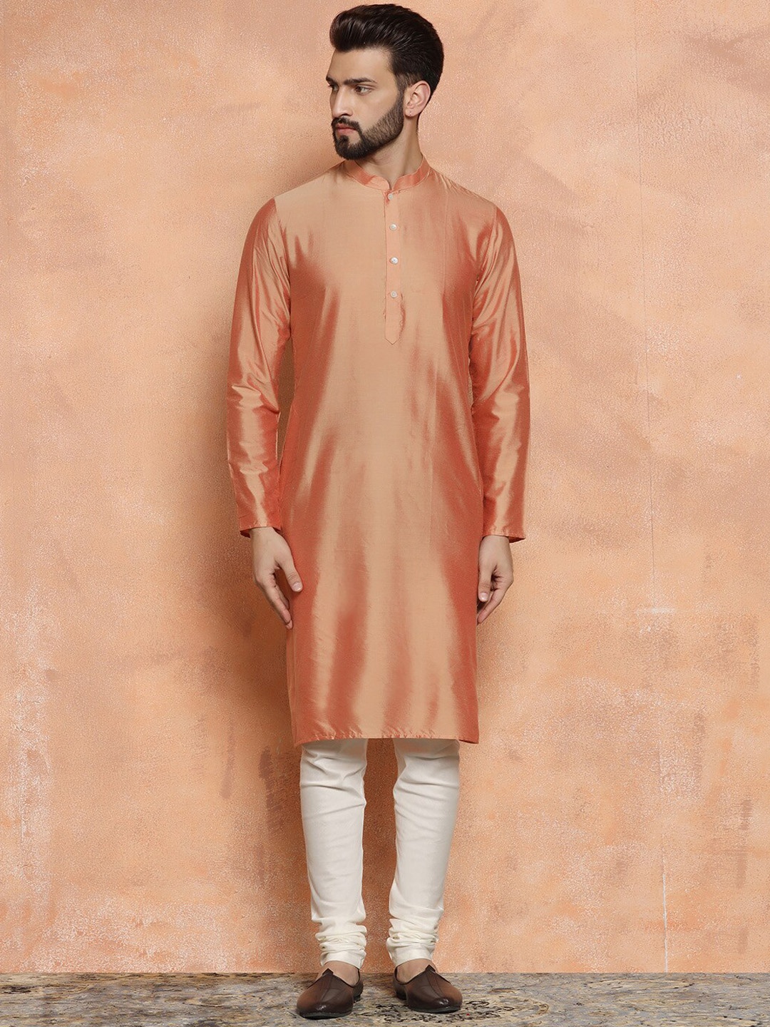 

KISAH Mandarin Collar Straight Kurta with Churidar & Dupatta, Coral