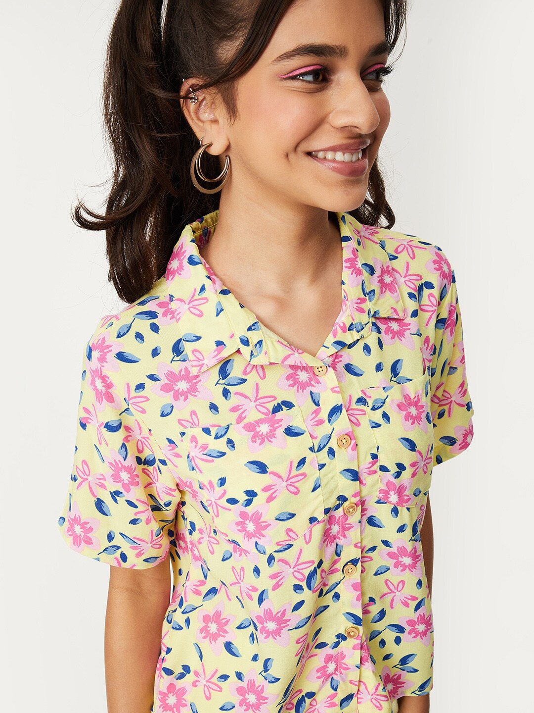 max Girls Floral Opaque Printed Casual Shirt, Yellow