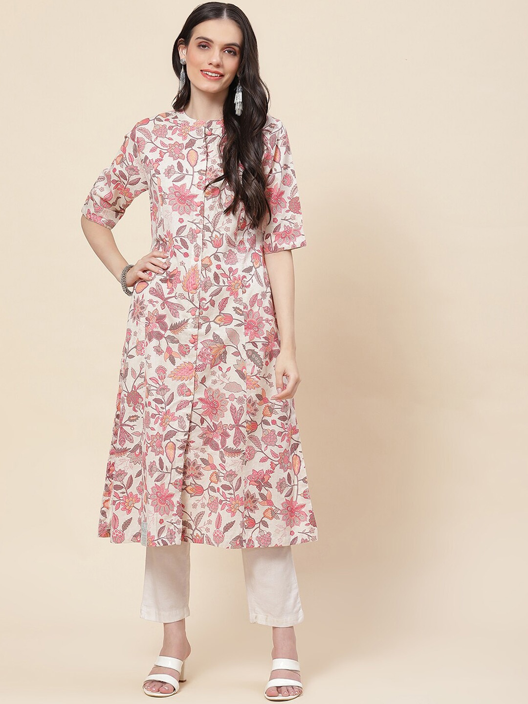 

Meena Bazaar Floral Printed A-line Cotton Kurta, Off white