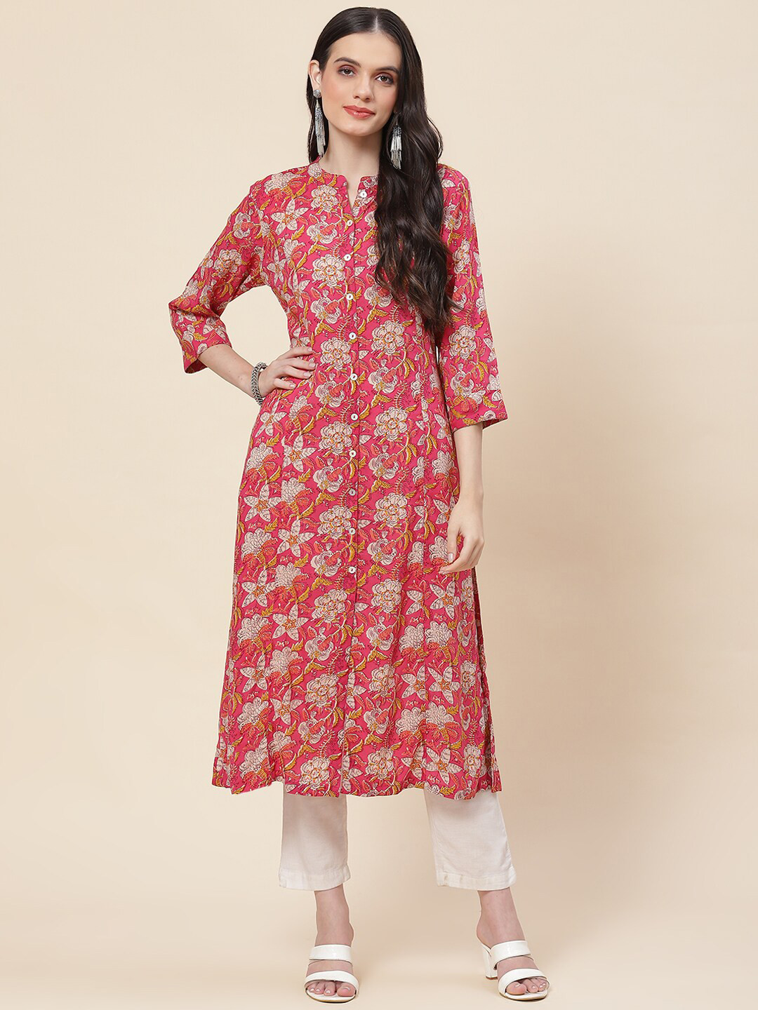 

Meena Bazaar Mandarin Collar Floral Printed A-Line Kurta, Pink