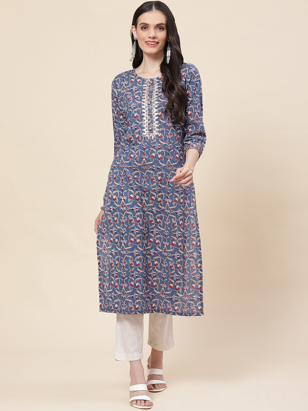 

Meena Bazaar Floral Printed Thread Work A-Line Kurta, Blue