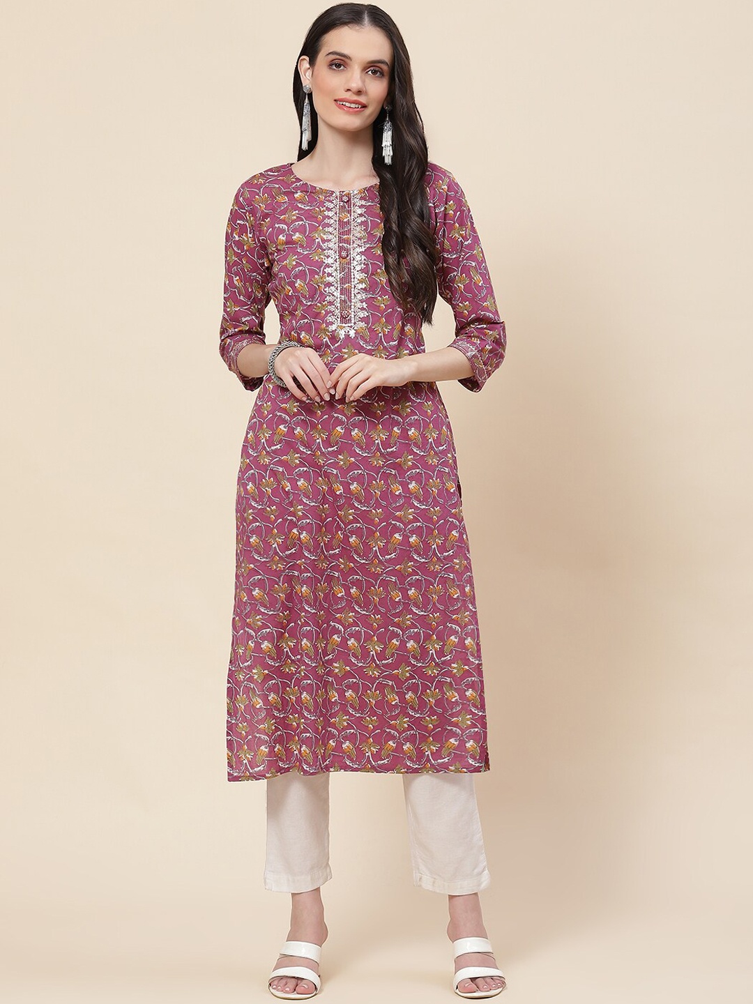 

Meena Bazaar Ethnic Motifs Printed Cotton Kurta With Embroidered Detail, Purple