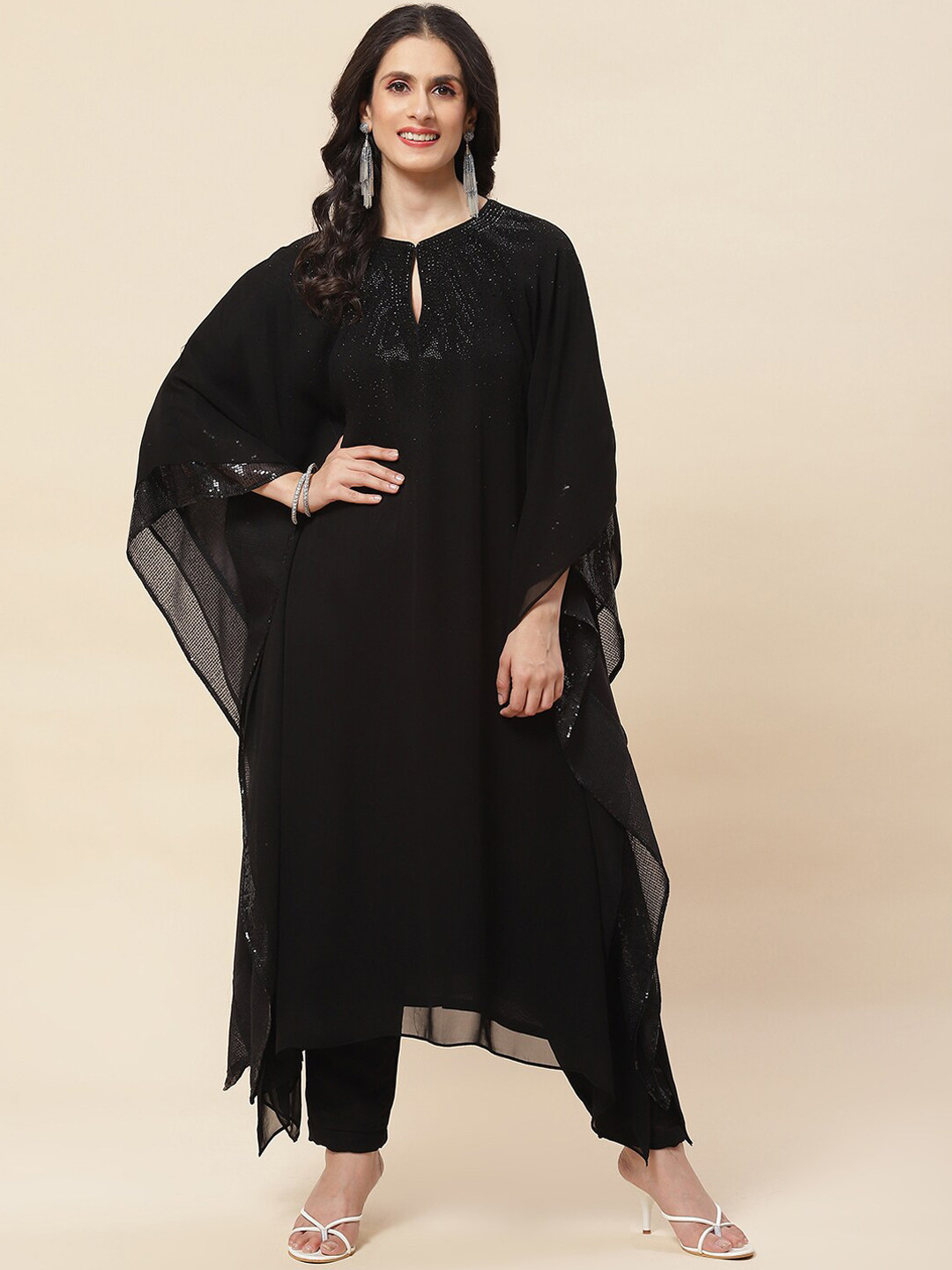 

Meena Bazaar Embellished Keyhole Neck Stone Work Pure Georgette Kaftan Kurta, Black