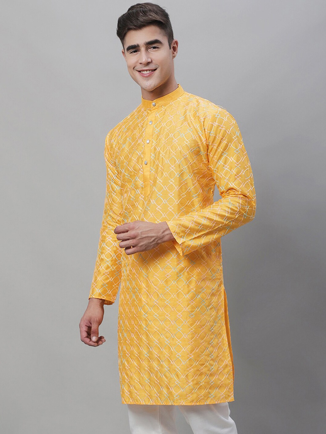 SOJANYA Geometric Embroidered Thread Work Cotton Silk Kurta, Mustard