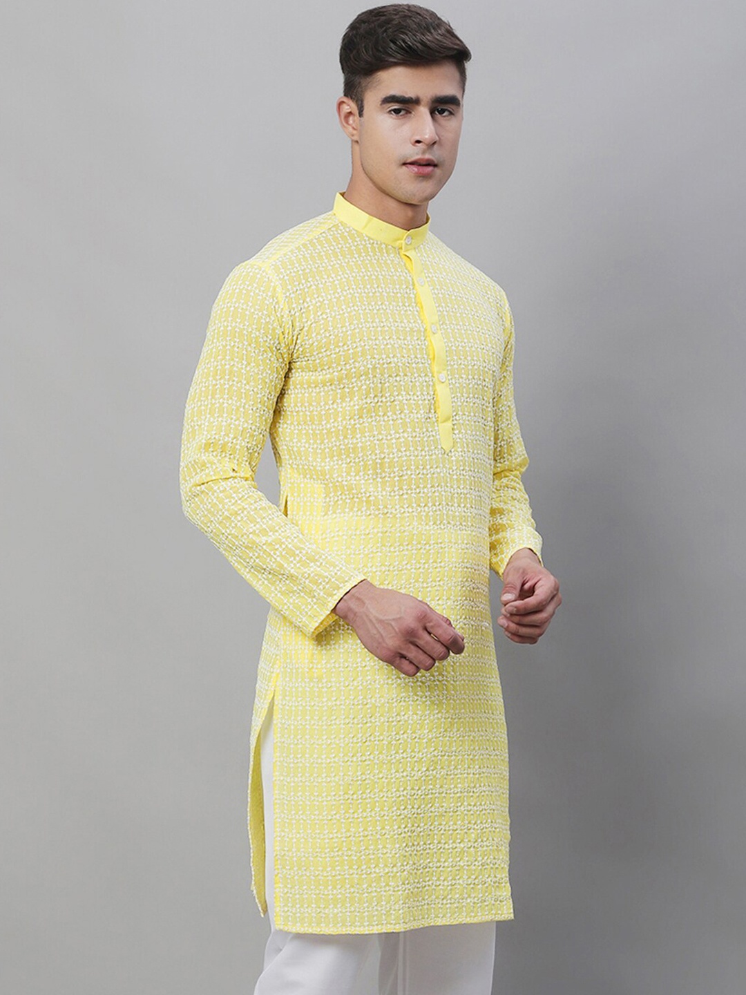 

SOJANYA Embroidered Geometric Mandarin Collar Pure Cotton Kurta, Yellow