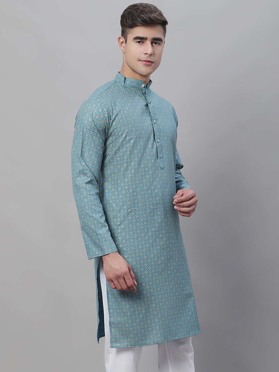 

SOJANYA Floral Printed Mandarin Collar Cotton Linen Kurta, Teal