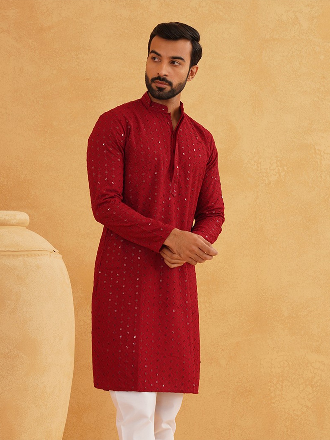 

SOJANYA Ethnic Motifs Embroidered Sequinned Pure Cotton Kurta, Maroon