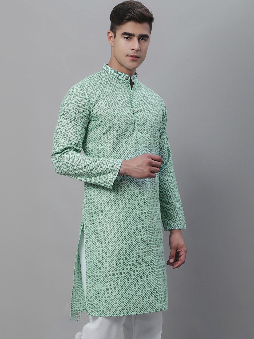 

SOJANYA Ethnic Motifs Printed Mandarin Collar Cotton Linen Kurta, Sea green