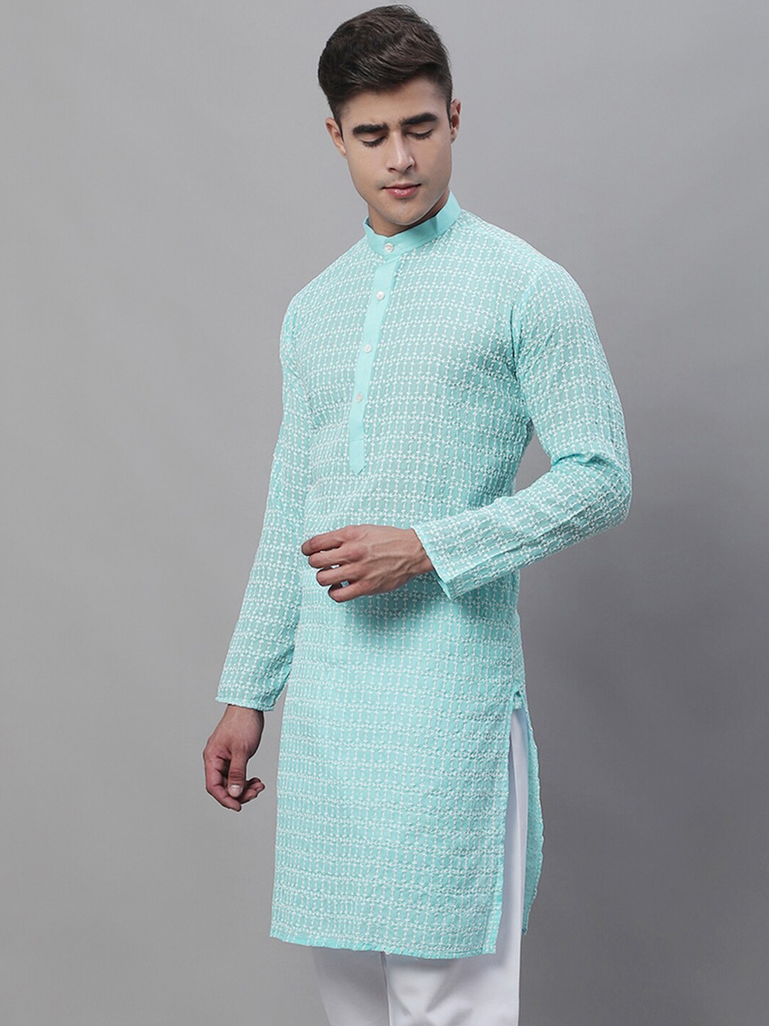 

SOJANYA Ethnic Motifs Embroidered Thread Work Pure Cotton Kurta, Blue