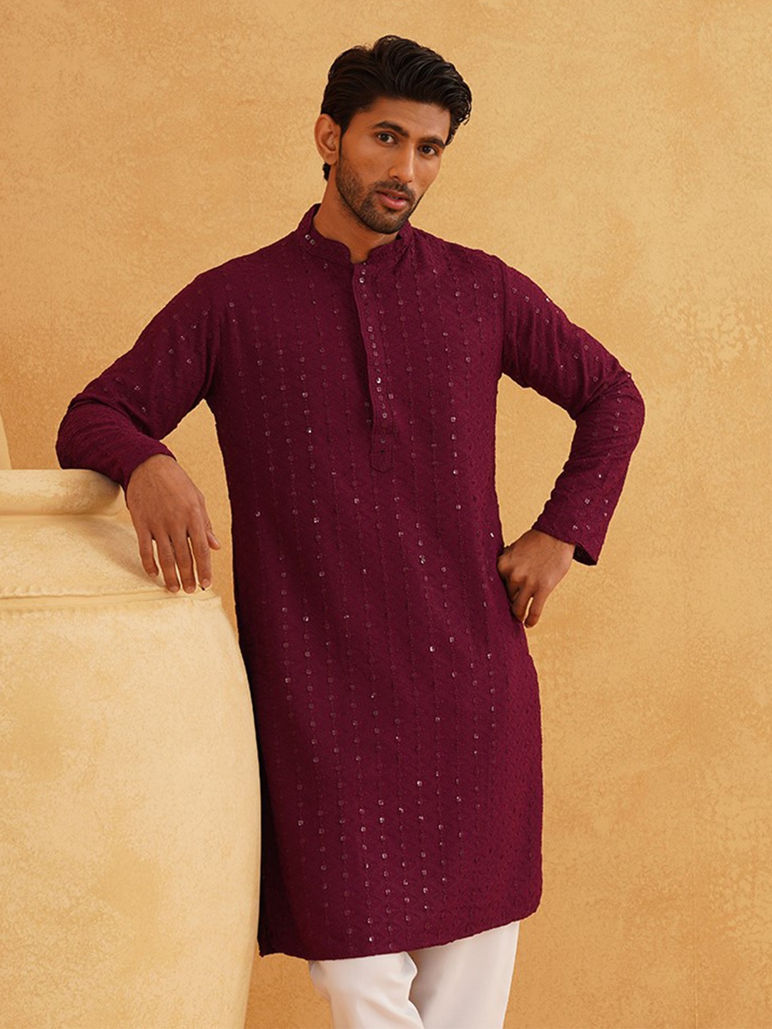 

SOJANYA Ethnic Motifs Embroidered Sequinned Pure Cotton Kurta, Purple