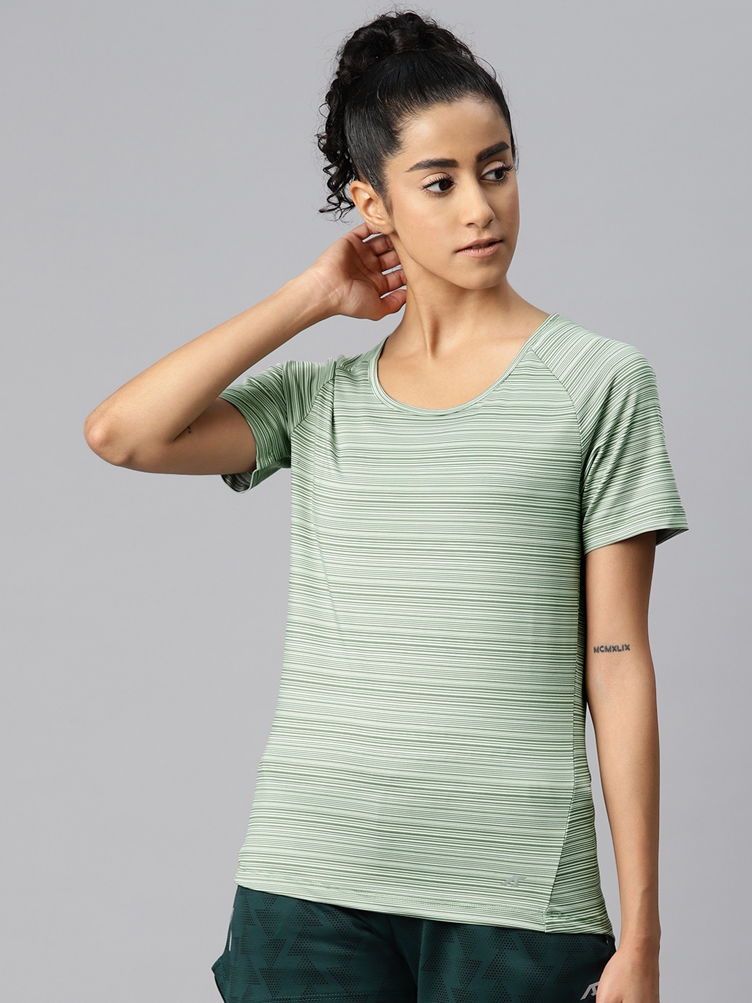 

Alcis Women Striped Dry Tech Slim Fit T-shirt, Green
