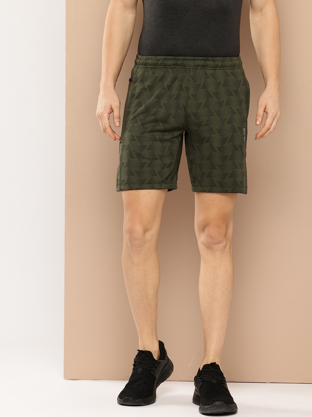 

Alcis Printed Slim Fit Training or Gym Sports Shorts, Olive