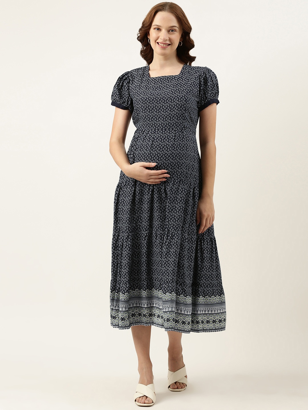 

Nejo Navy Blue Ethnic Motifs Print Puff Sleeve Maternity A-Line Dress