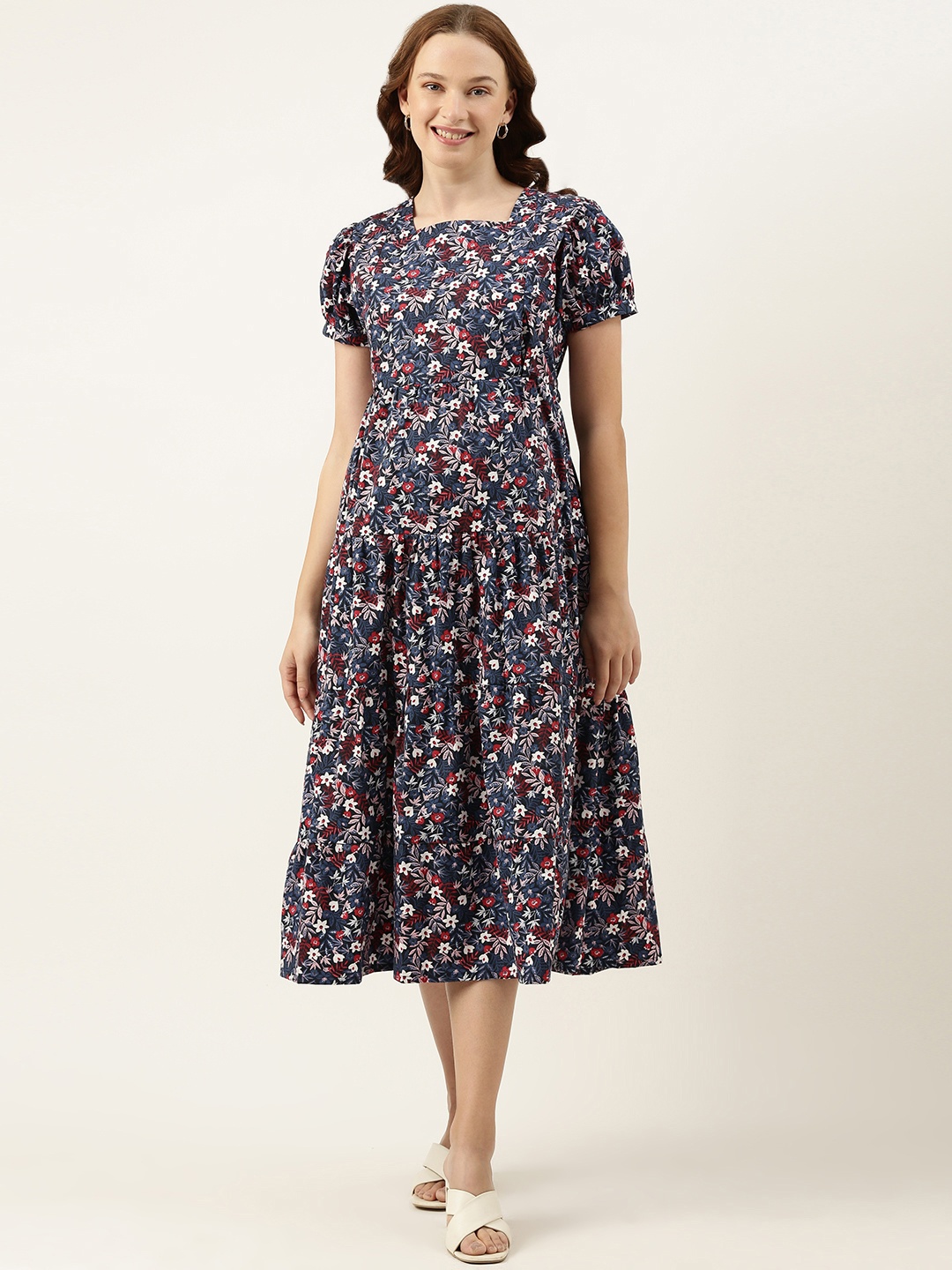 

Nejo Blue & Pink Floral Print Puff Sleeve Maternity A-Line Dress