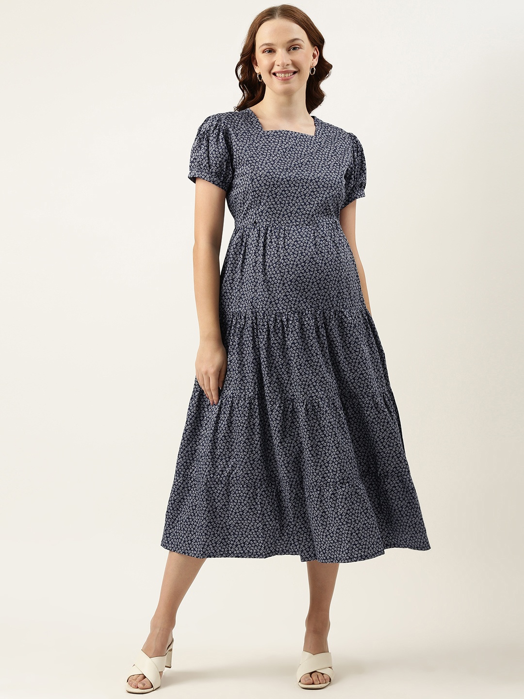 

Nejo Blue Print Puff Sleeve Maternity A-Line Dress