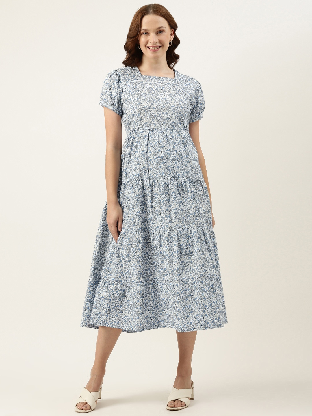 

Nejo Blue Floral Print Puff Sleeve Maternity A-Line Dress