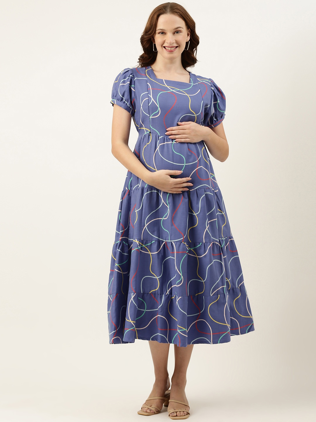 

Nejo Blue Print Puff Sleeve Maternity A-Line Dress