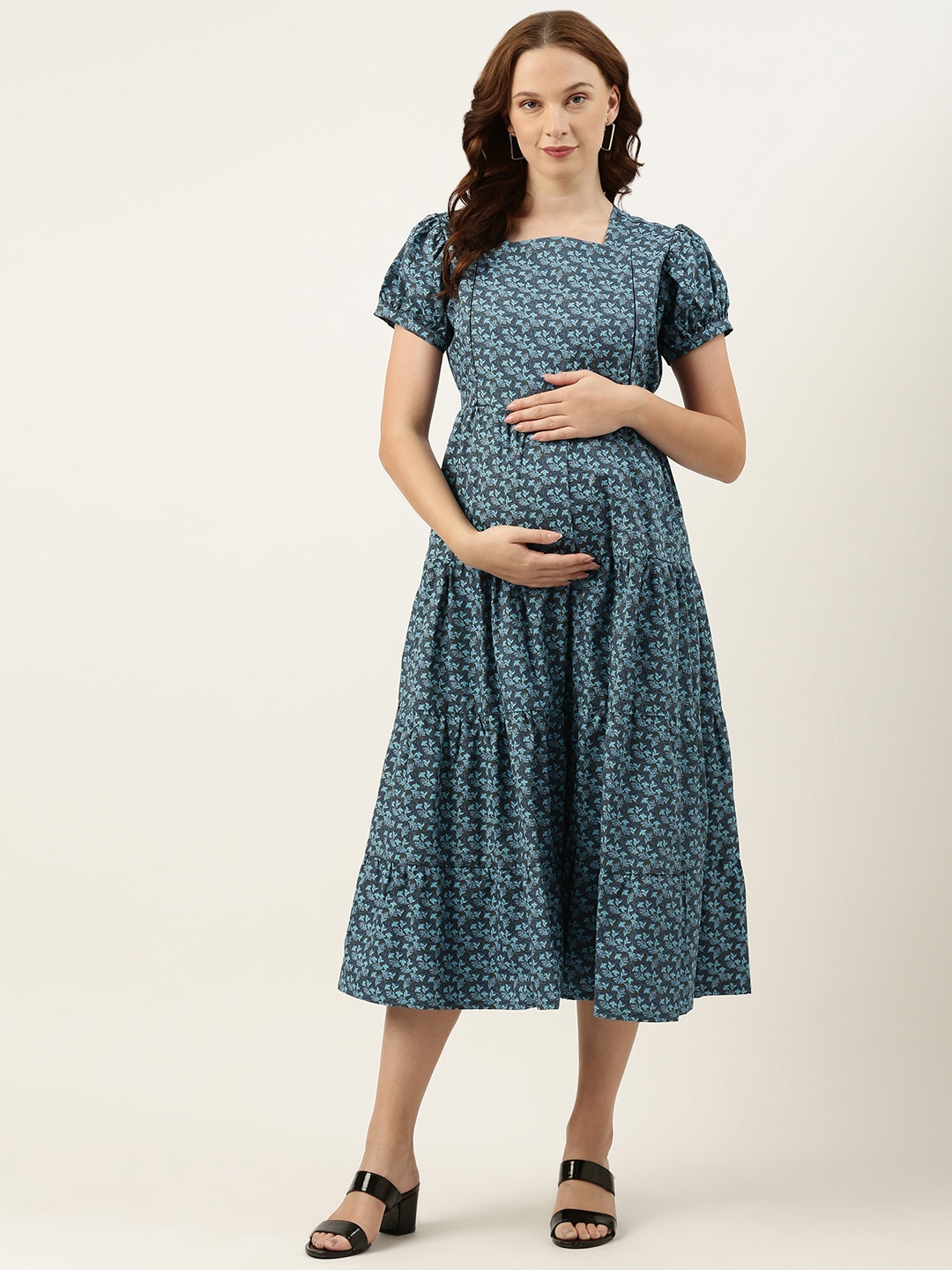 

Nejo Blue Print Puff Sleeve Maternity A-Line Dress