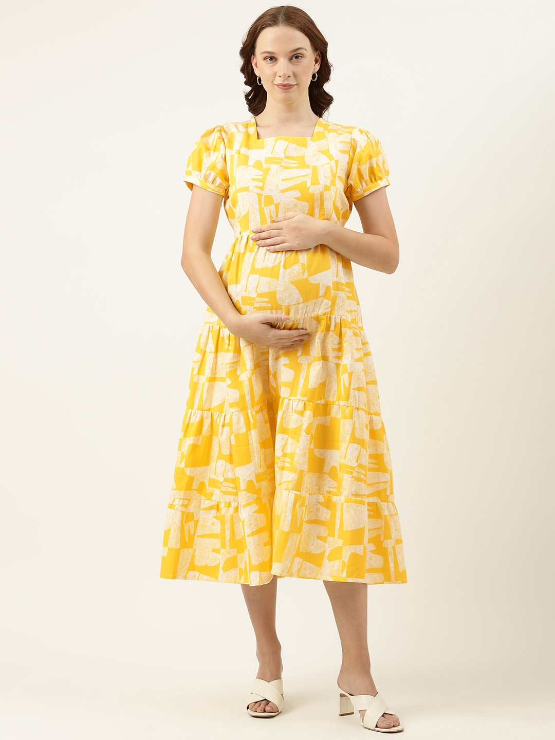 

Nejo Yellow Print Puff Sleeve Maternity A-Line Dress