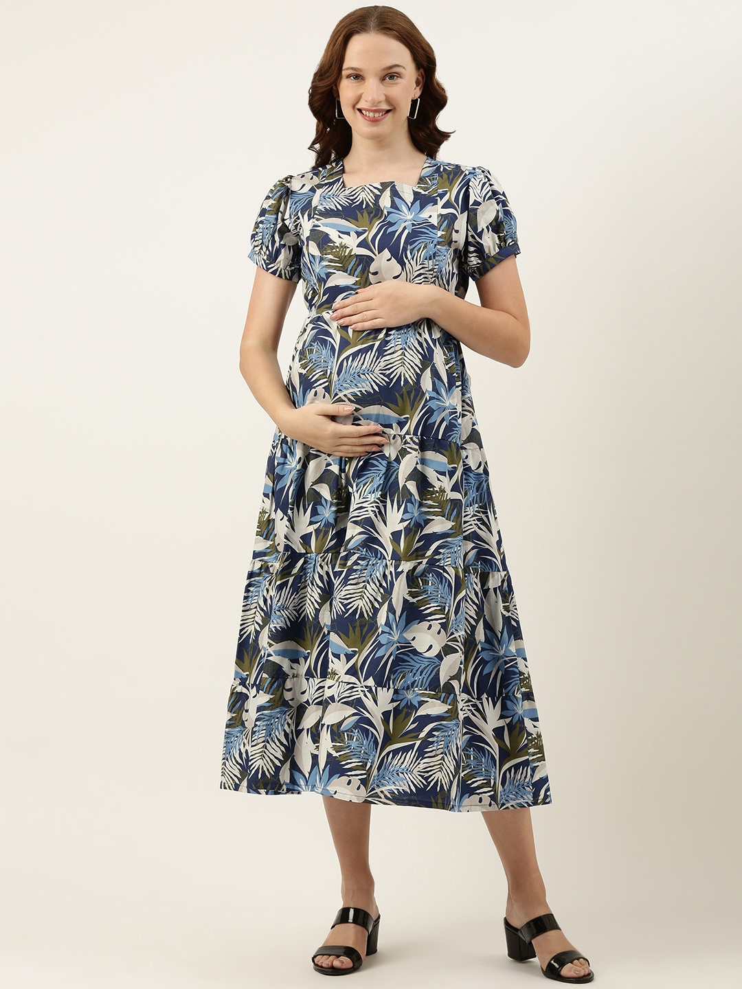 

Nejo Blue Tropical Print Puff Sleeve Maternity A-Line Dress