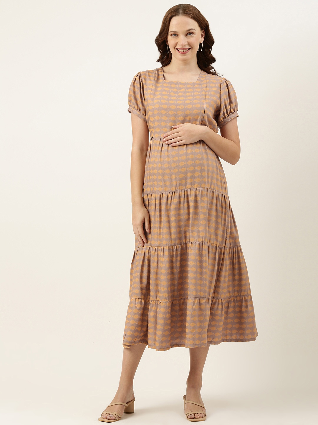 

Nejo Coral Print Puff Sleeve Maternity A-Line Dress