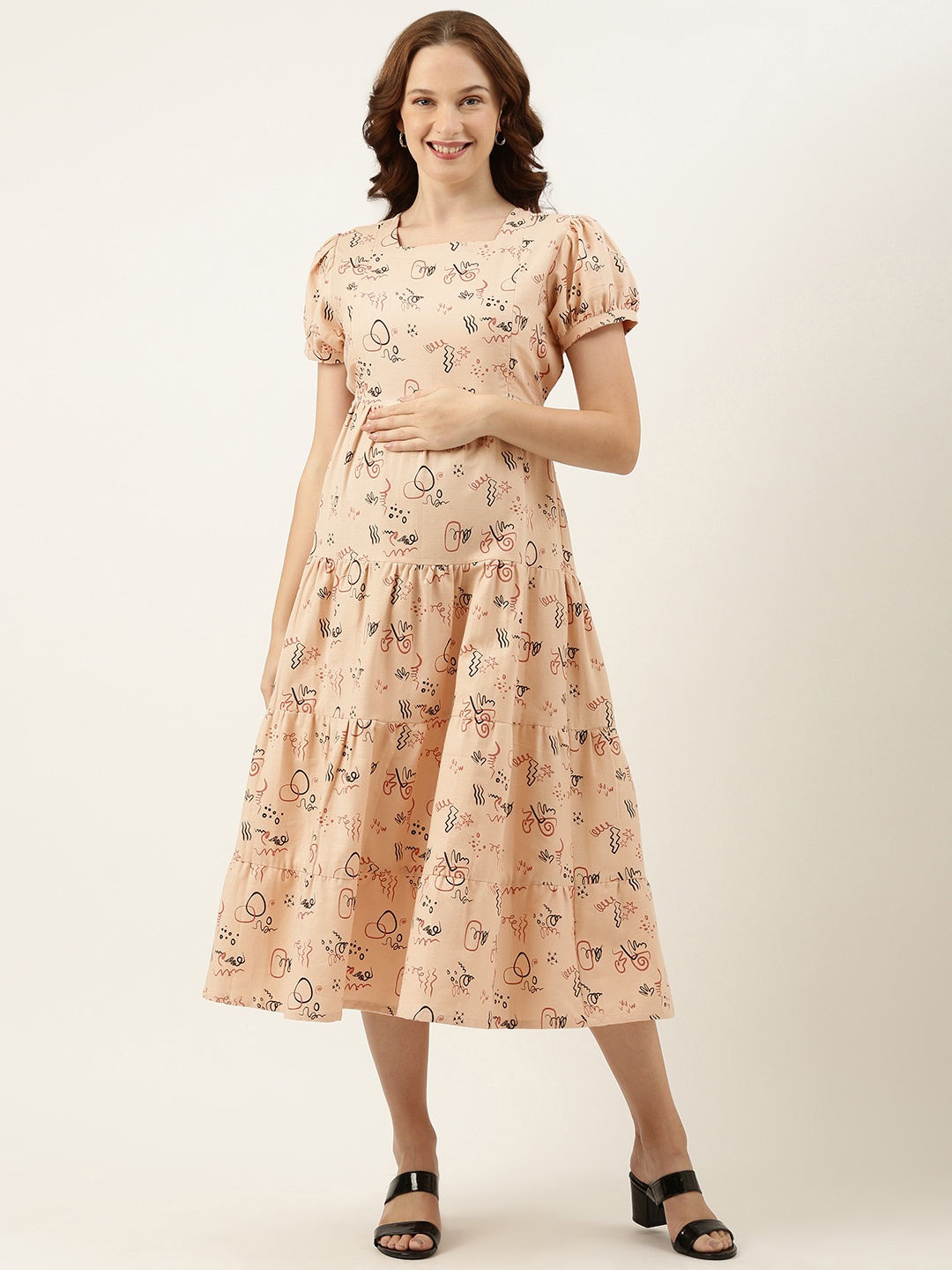 

Nejo Printed Puff Sleeves Maternity A-Line Midi Dress With Tie-Up Detail, Pink