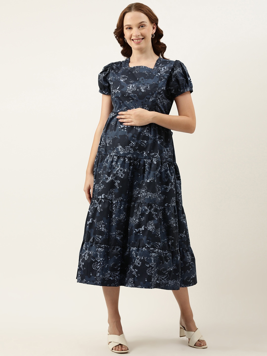 

Nejo Printed Puff Sleeves Maternity A-Line Midi Dress With Tie-Up Detail, Navy blue