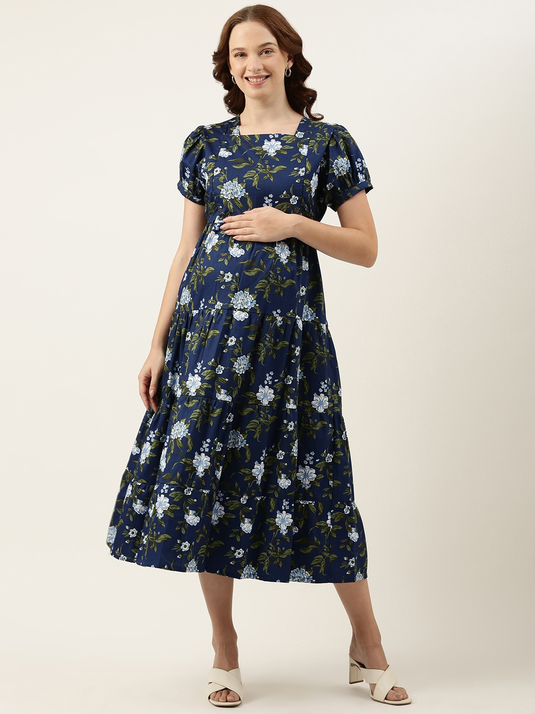 

Nejo Floral Print Puff Sleeves Maternity Pure Cotton Midi Dress With Tie-Up Detail, Blue