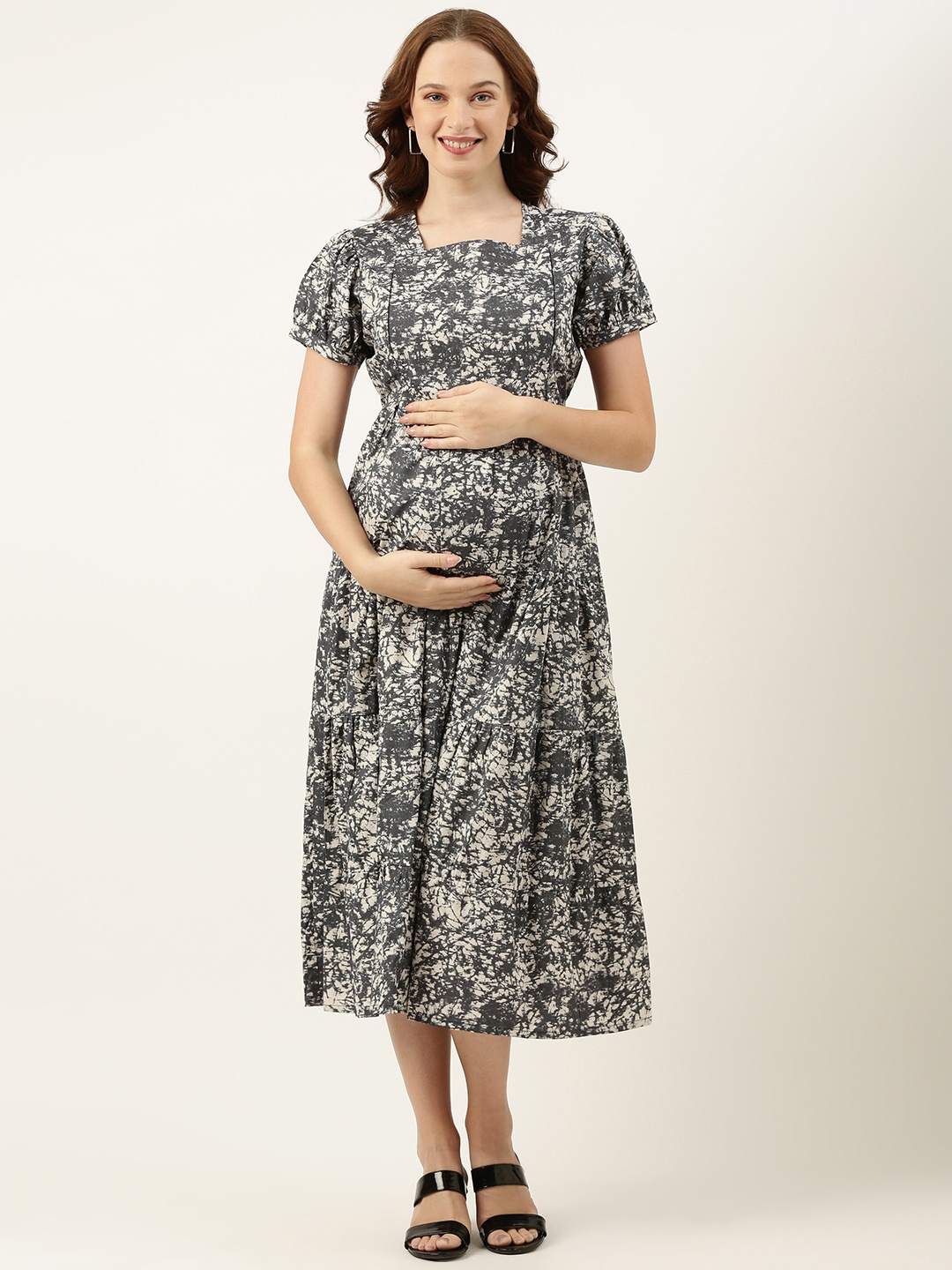 

Nejo Print Puff Sleeves Maternity A-Line Midi Dress With Tie-Up Detail, Blue
