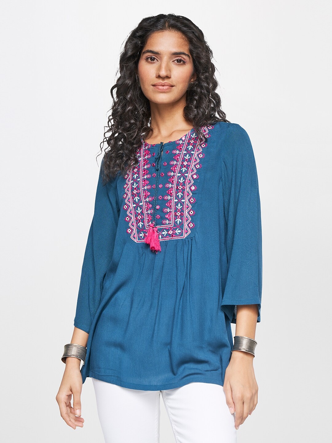 

itse Embroidered Tie-Up Neck Top, Blue