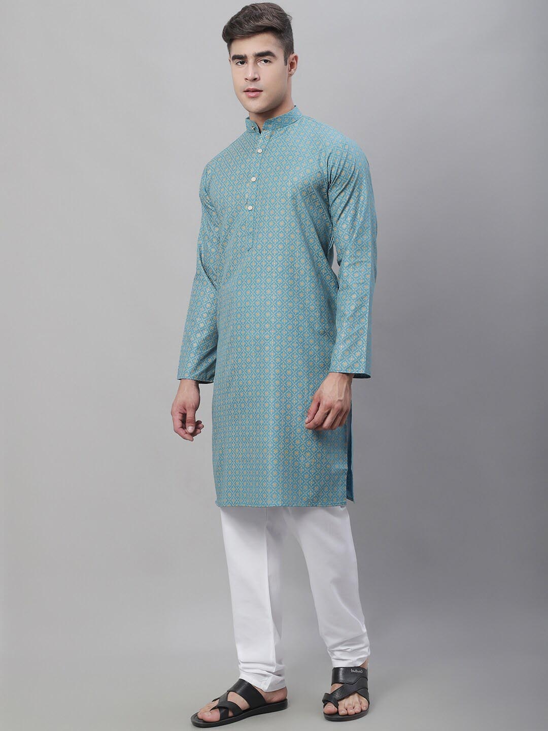 

SOJANYA Ethnic Motifs Foil Printed Cotton Linen Kurta With Churidar, Blue