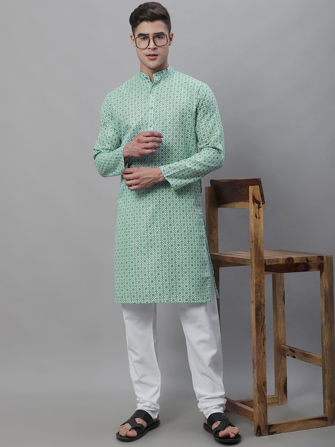 

SOJANYA Ethnic Motifs Foil Printed Cotton Linen Kurta With Churidar, Sea green