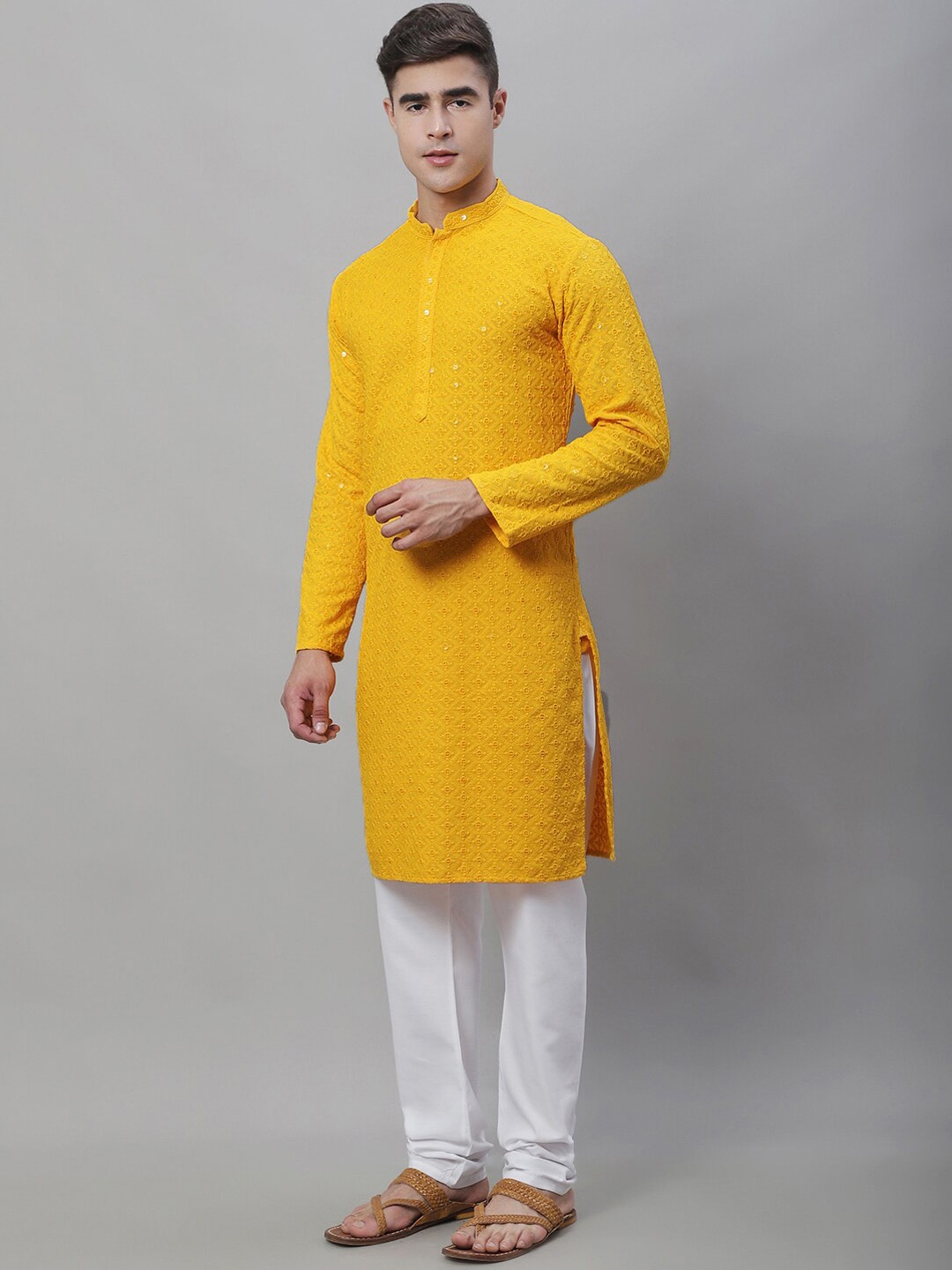 

SOJANYA Geometric Embroidered Regular Pure Cotton Kurta With Churidar, Mustard