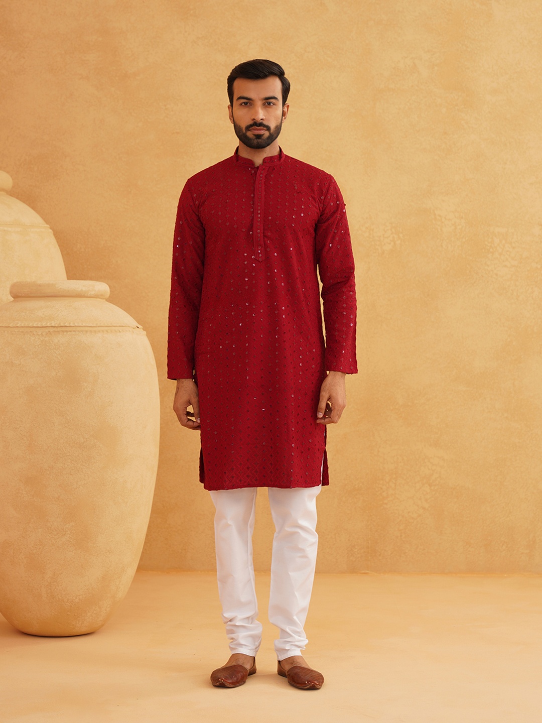 

SOJANYA Geometric Embroidered Pure Cotton Kurta With Churidar, Maroon